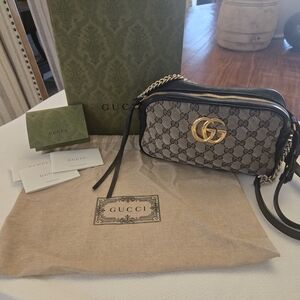 Gucci Marmont Beige and Black Crossbody Bag with Gold Logo